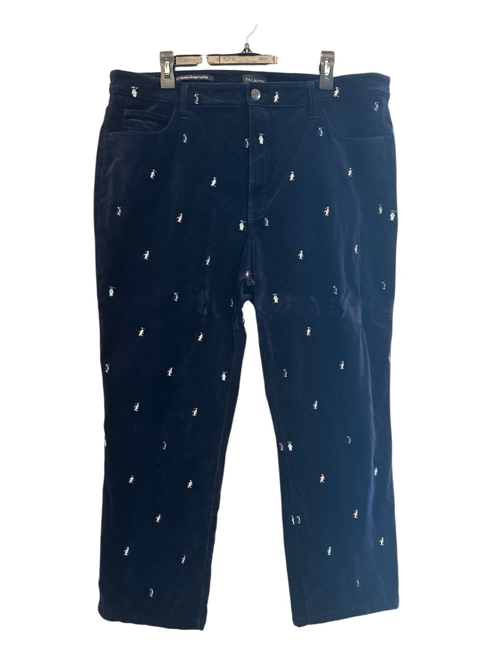 Talbots Navy Velvet Embroidered Penguin Corduroy Pants Size 18